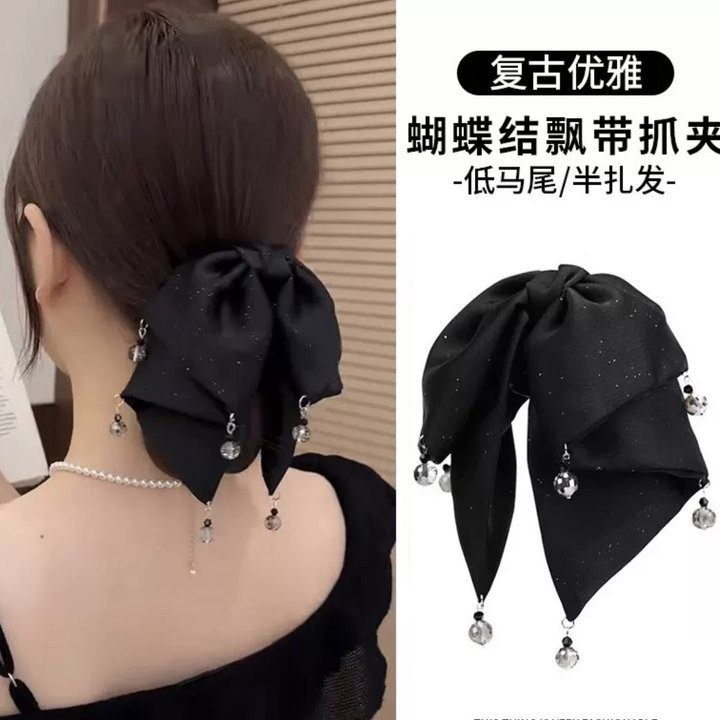 高级感黑色缎面飘带抓夹女蝴蝶尾水晶吊坠发夹后脑勺半扎发卡头饰,饰品/流行首饰/时尚饰品新,民族风发饰,淘宝优惠券,粉丝福利购,淘宝优惠卷