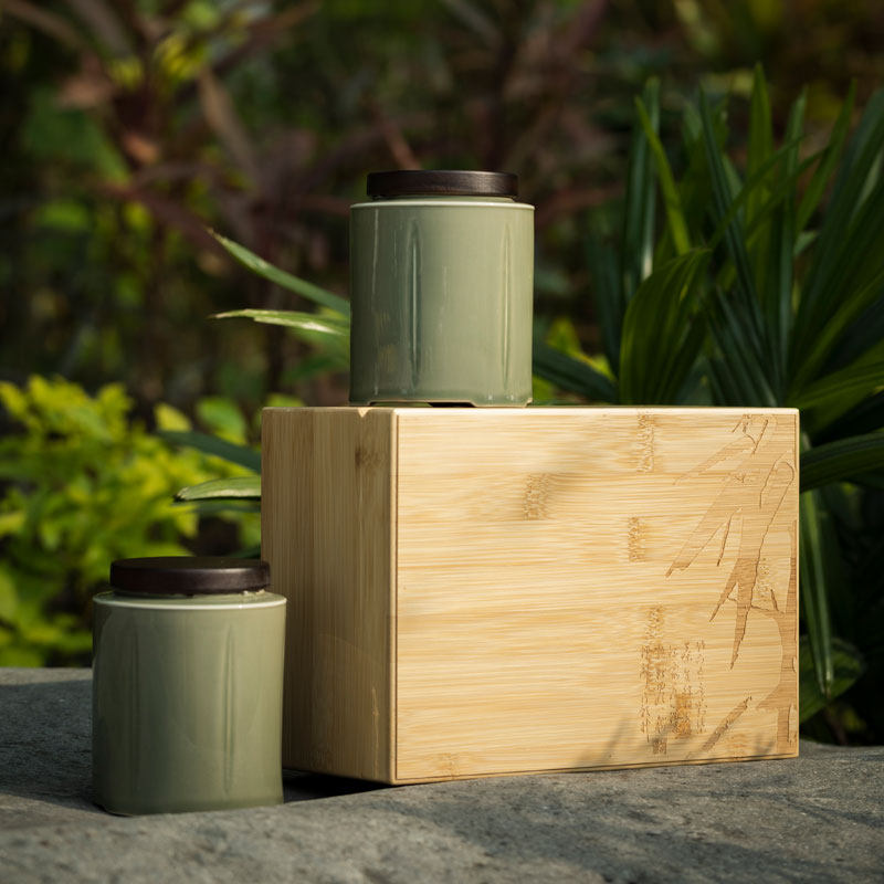 高端竹盒高档陶瓷茶叶包装盒空礼盒新款明前龙井碧螺春礼盒装空盒