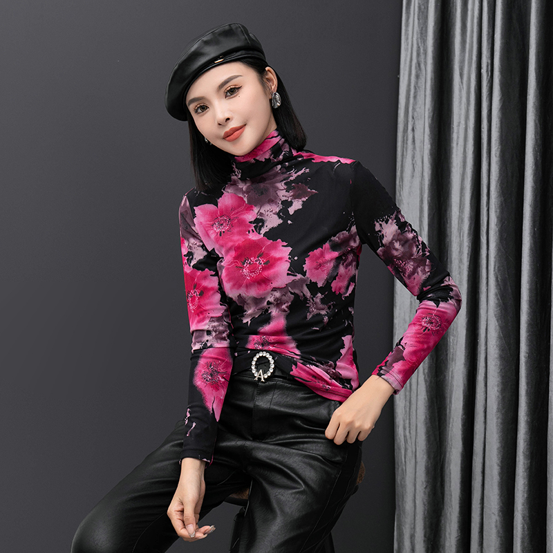 高领打底衫女长袖网纱上衣