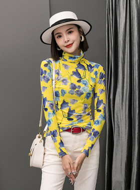 高领打底衫女秋季新款修身内搭洋气印花长袖t恤加绒黄色网纱上衣