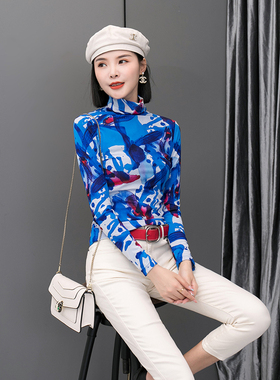 欧洲站女装2025新款时尚洋气高领打底衫女长袖修身加绒蓝色上衣