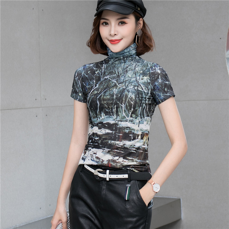 文艺高领网纱夏季花色巨显瘦t恤