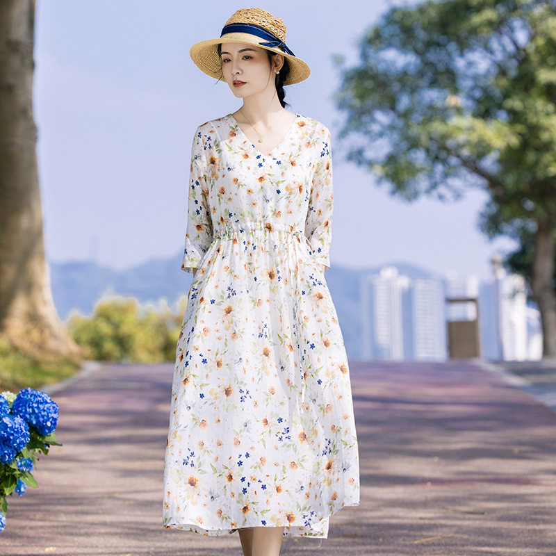 滔语 浪漫减龄苎麻 甜美女装连衣裙 夏季年轻款V领淑女改良旗袍