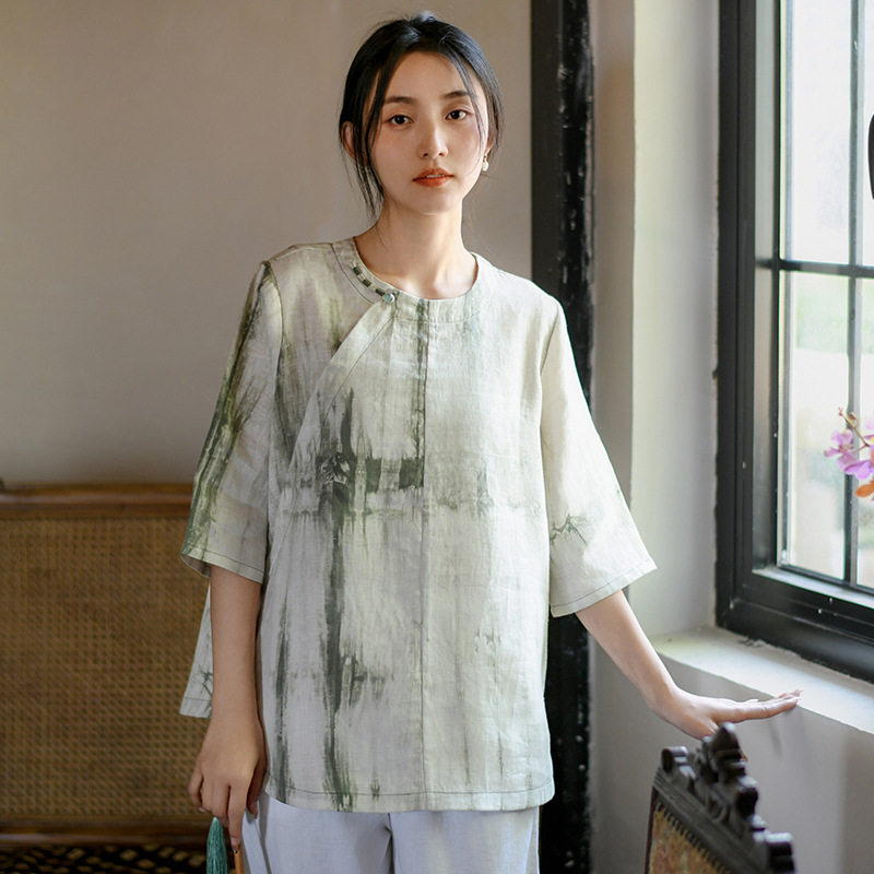 短袖复古风亚麻新中式女装夏季