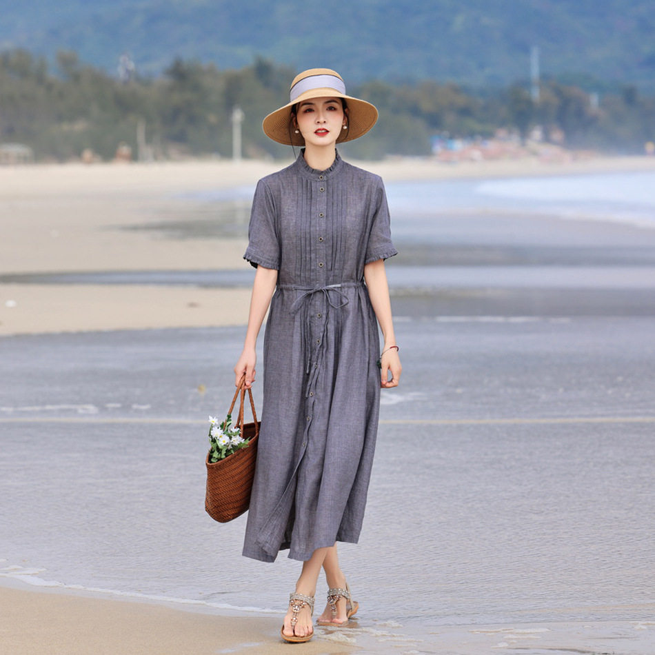 海茉 2026夏季极简高级感灰色文艺亚麻长款气质木耳边抽绳连衣裙