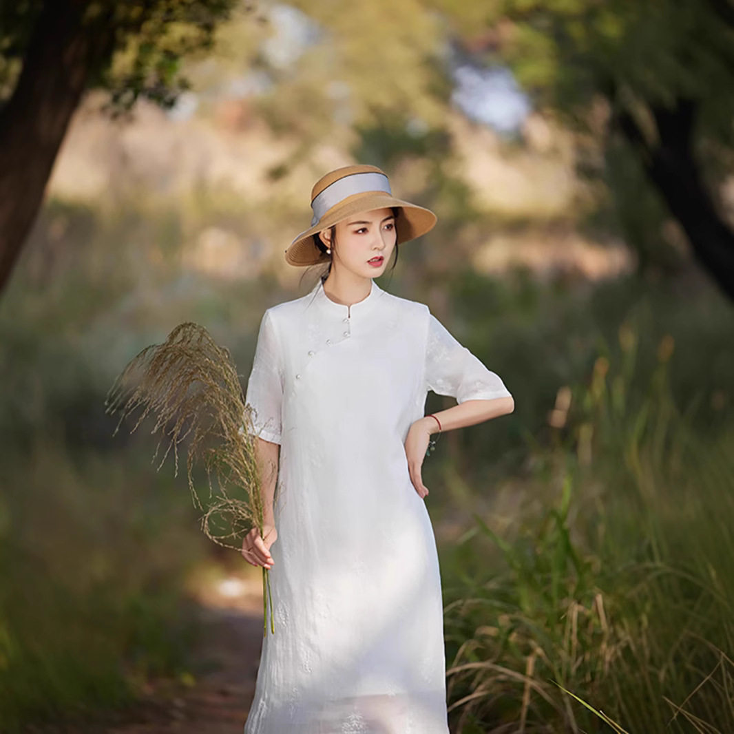 滔语苎麻连衣裙女新款五分袖立领盘扣刺绣绣花改良旗袍裙中长裙女