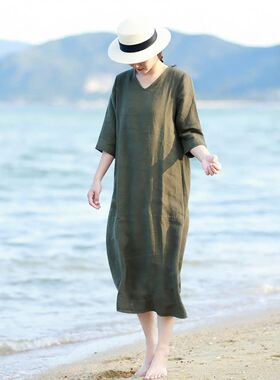 言浅1不染尘俗 文艺旅行 简约夏季密织亚麻短袖宽松中长款连衣裙