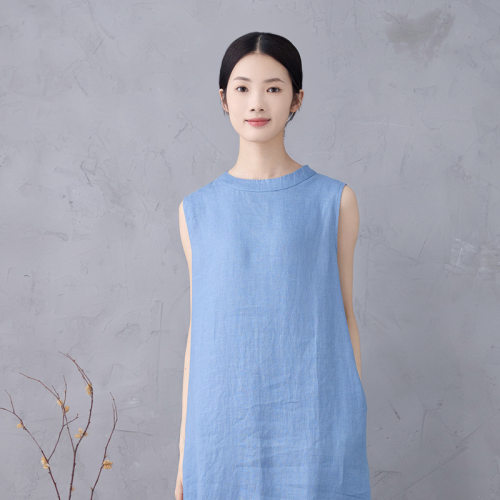 亚麻连衣裙背心裙无袖开叉中长裙文艺复古半高领纯色品牌夏女酵洗