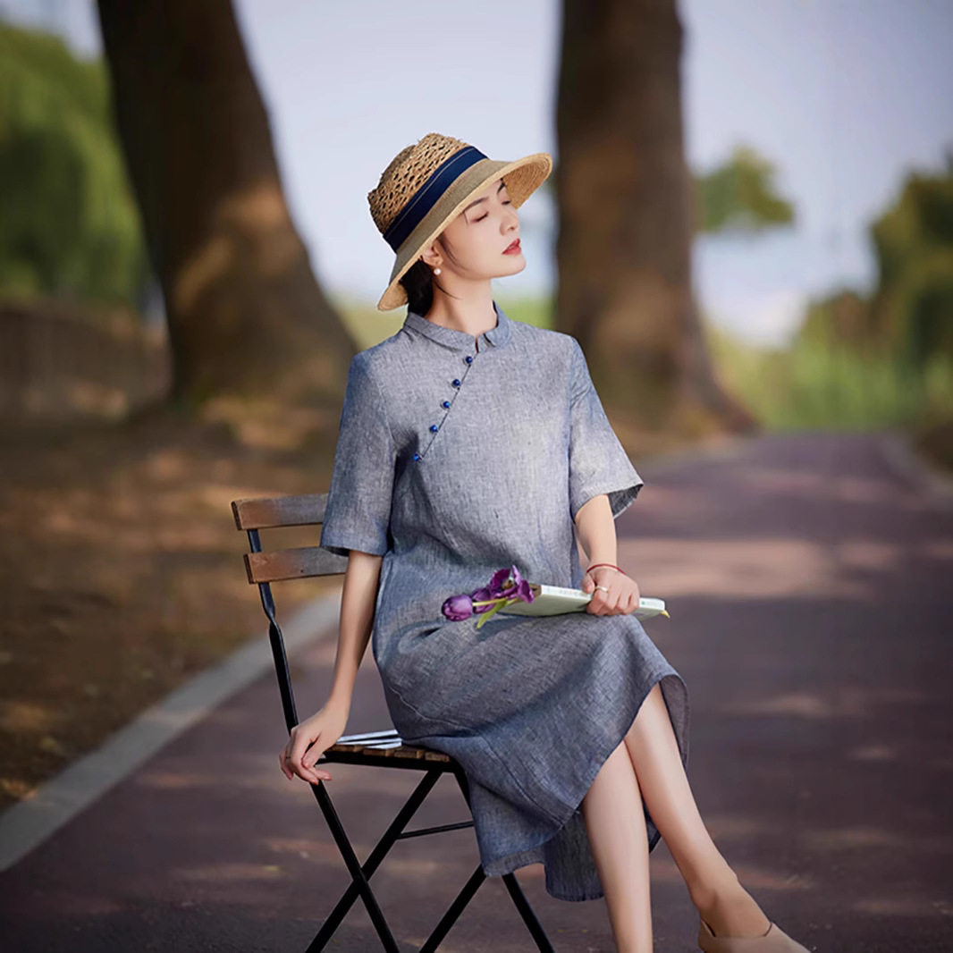 滔语 亚麻连衣裙女民国洋气减龄妈妈装立领盘扣改良旗袍裙中长裙