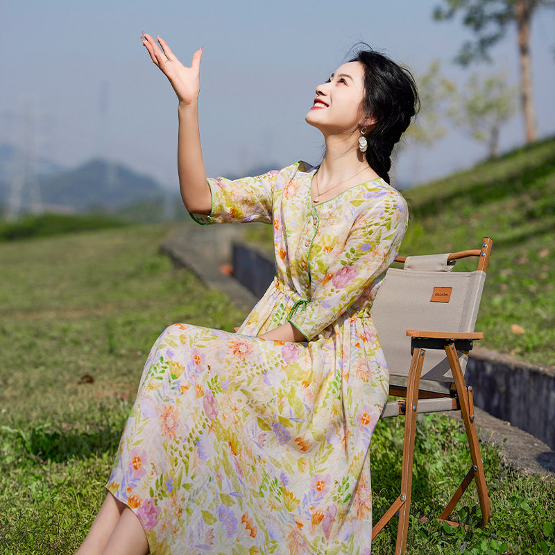 滔语 夏季苎麻连衣裙浪漫法式碎花春天度假花色长裙V领宽松小清新