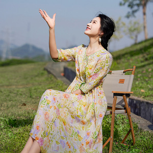 滔语 夏季苎麻连衣裙浪漫法式碎花春天度假花色长裙V领宽松小清新