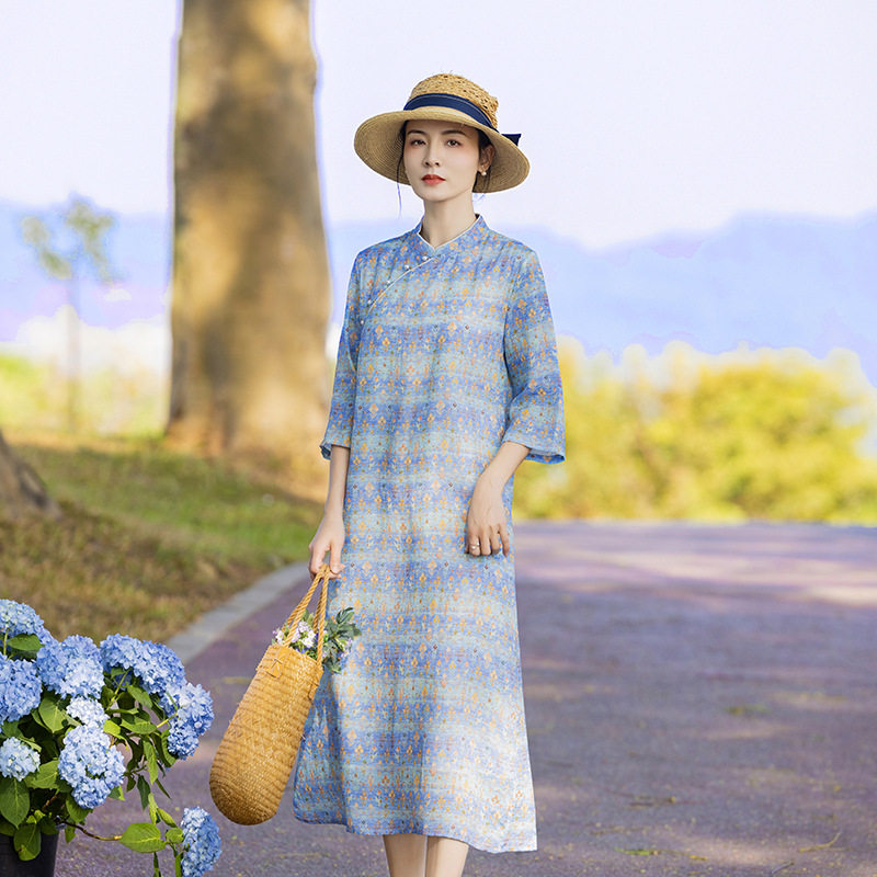 滔语新中式民国棉麻女装苎麻连衣裙春夏新款立领国风复古改良旗袍