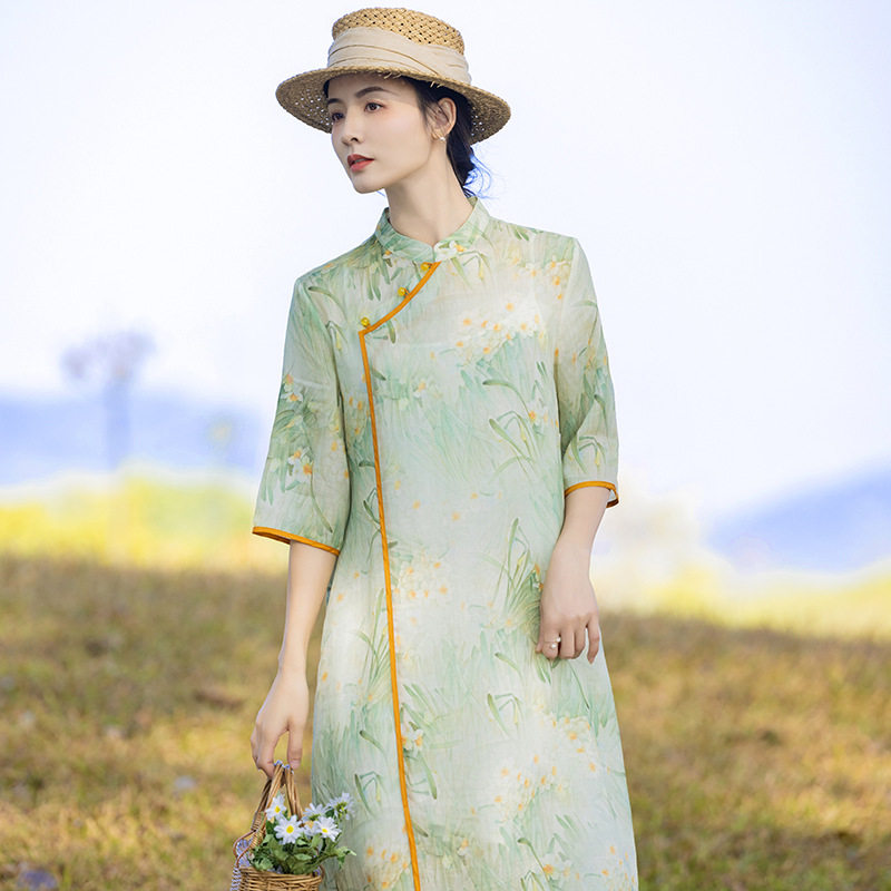 滔语撞色水仙花印花苎麻连衣裙女立领盘扣改良旗袍夏季透气妈妈裙