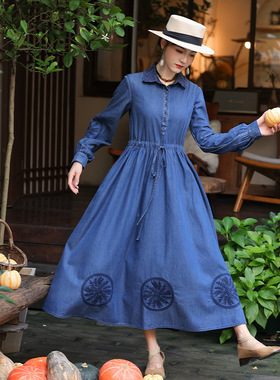 2025春秋新款气质POLO领休闲简约连衣裙复古刺绣牛仔长裙A82712