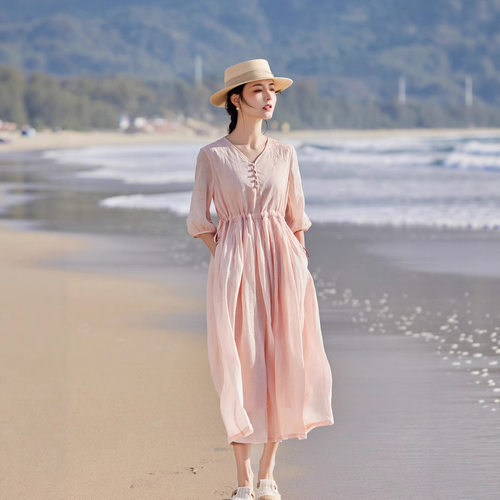 海茉 春夏新品苎麻炒色减龄连衣裙长款宽松复古文艺轻薄温柔女人