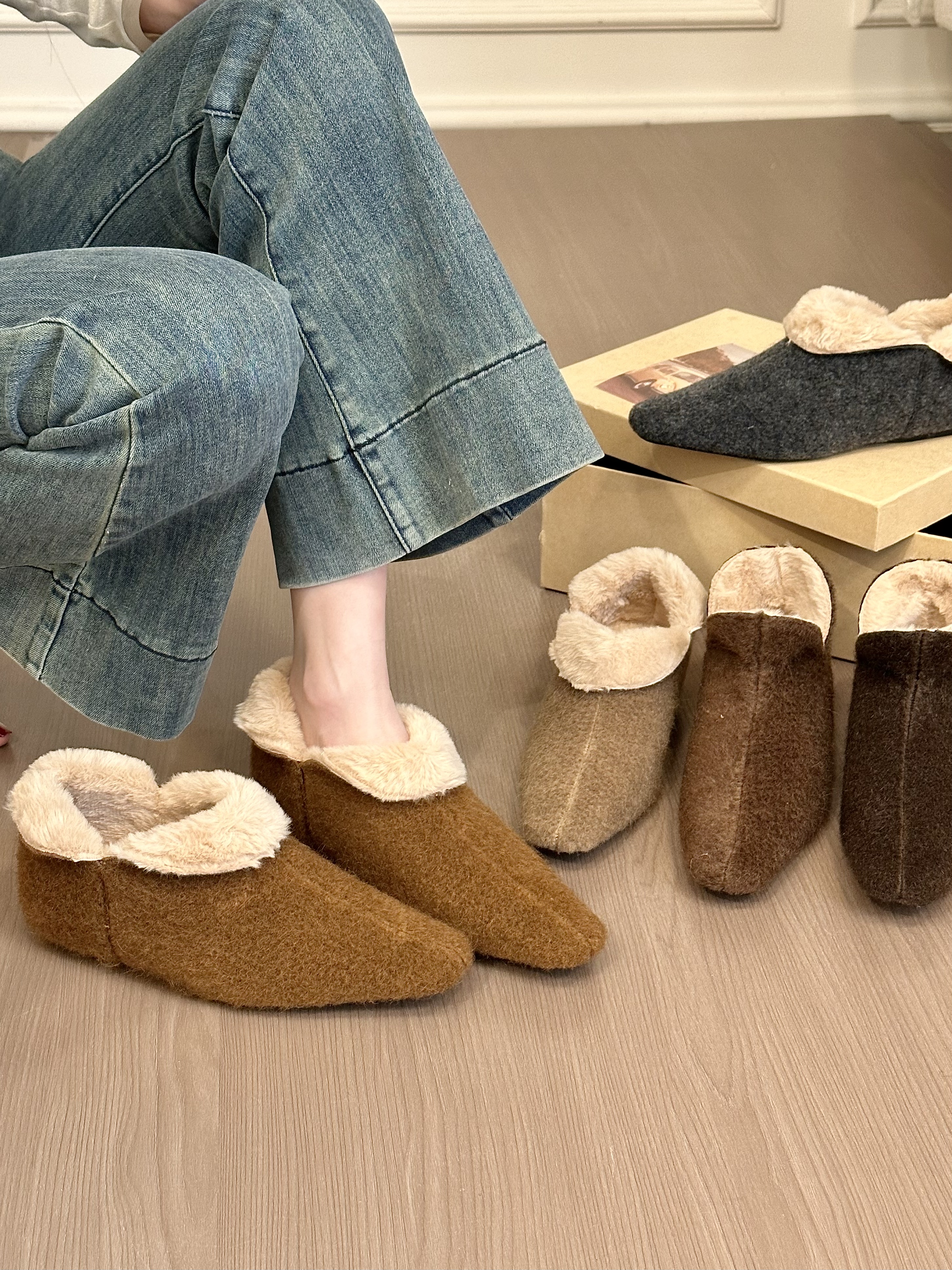 titing冬季两穿！复古呢子方头乐福鞋女冬韩版通勤加绒内增高单鞋