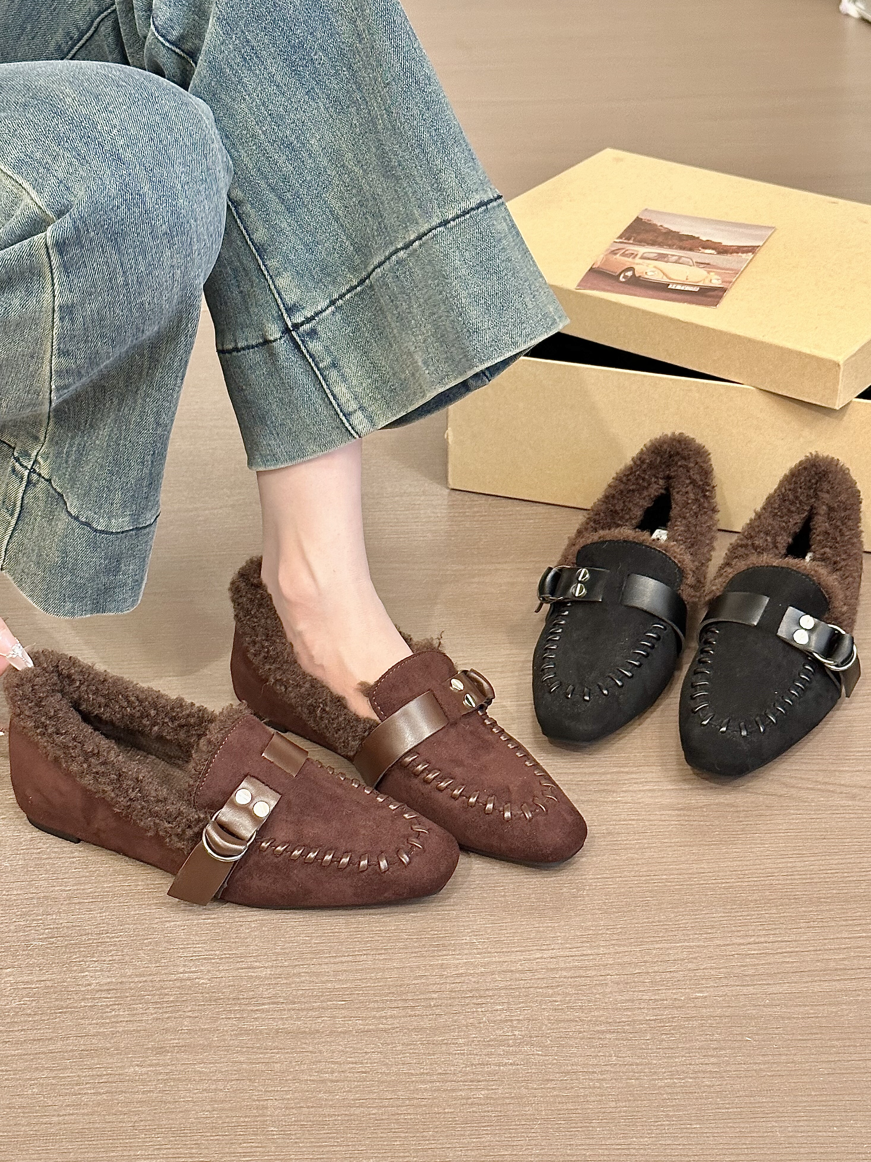 titing老钱格调！气质绒面方头搭扣编织乐福鞋女冬加绒内增高单鞋