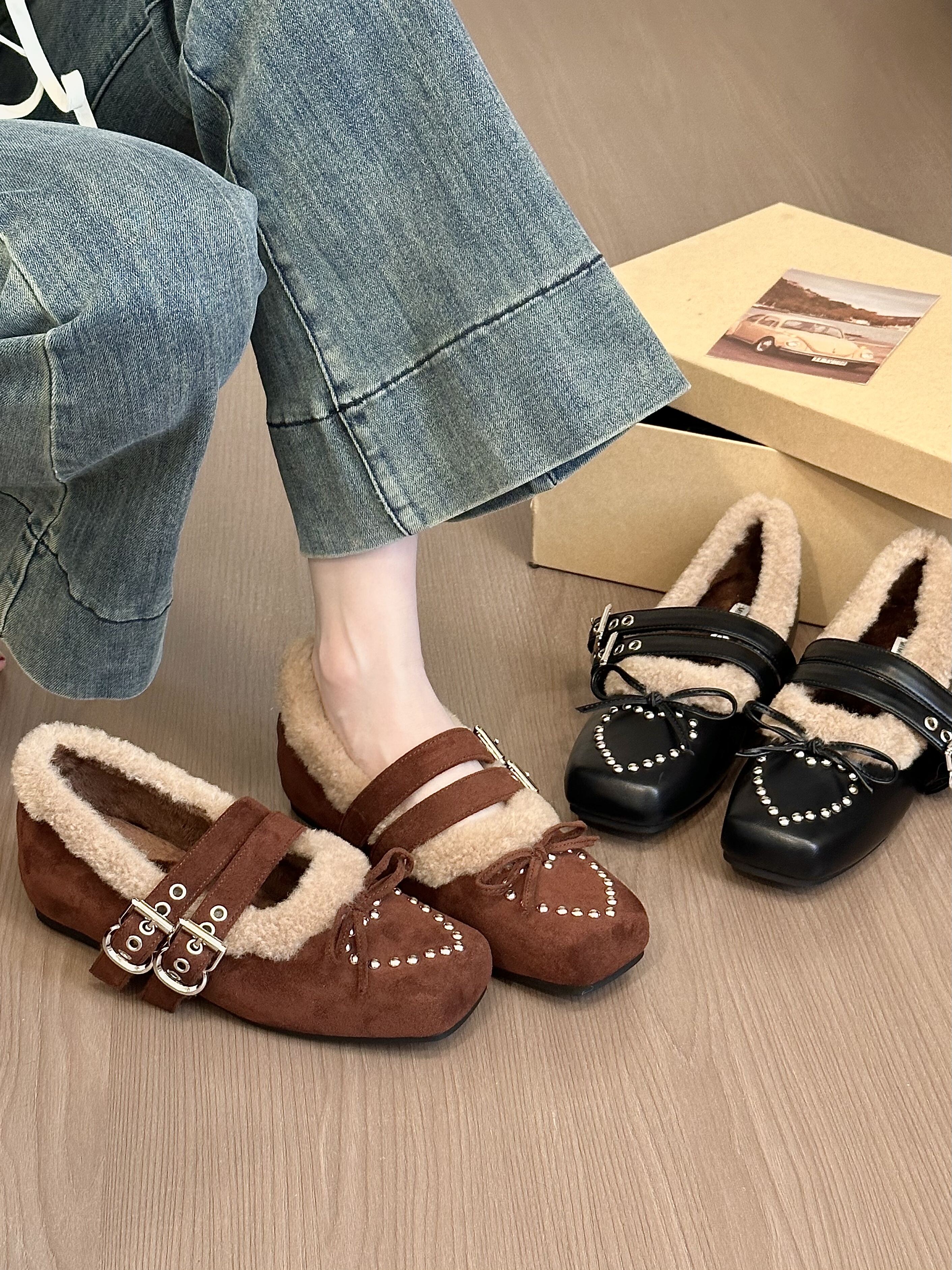 titing复古辣妹风！时髦绒面方头铆钉玛丽珍鞋女冬加绒内增高单鞋