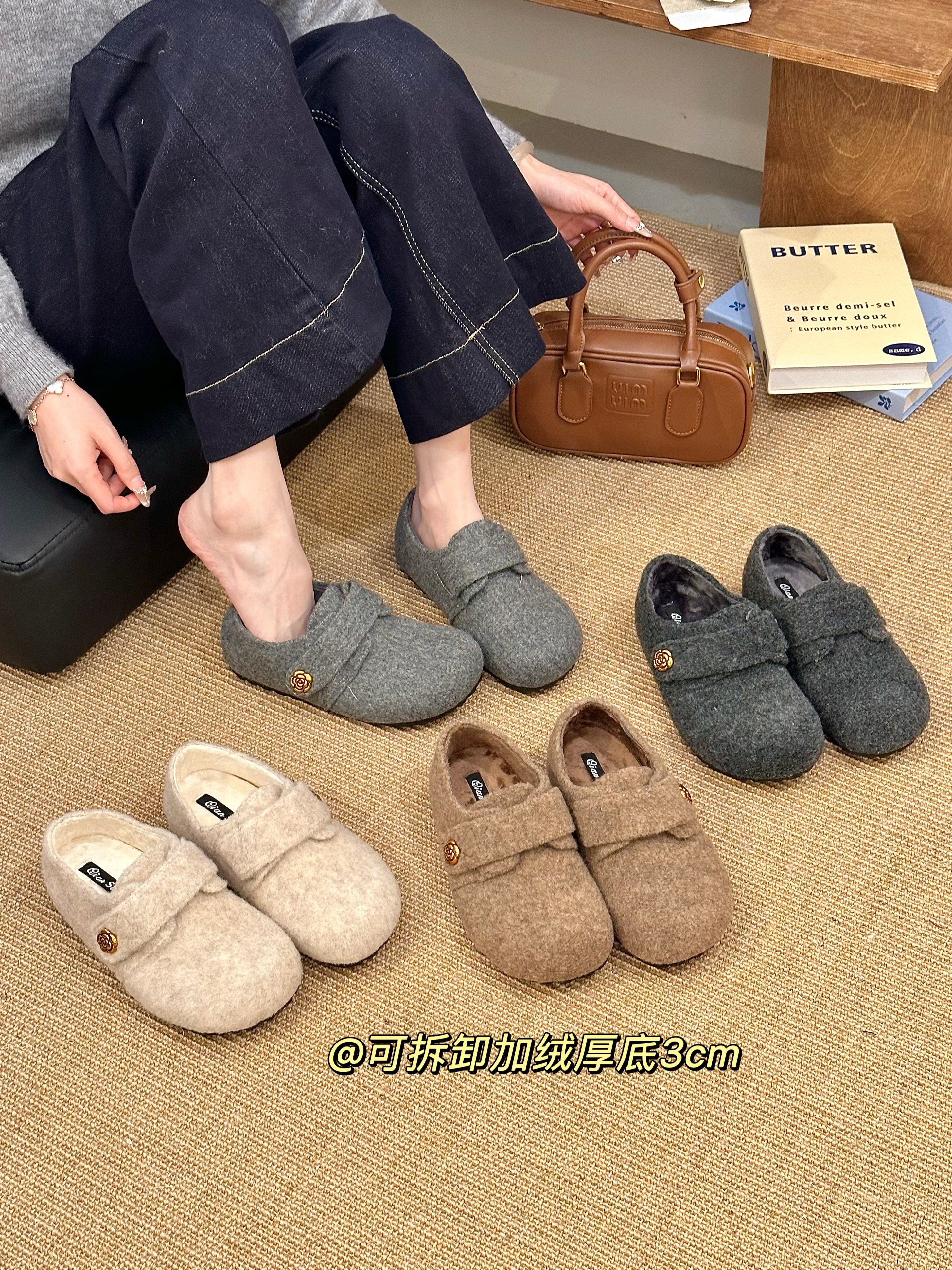 titing韩女穿搭感！呢子圆头山茶花扣包头勃肯鞋女秋加绒厚底单鞋,女鞋,勃肯鞋/软木鞋,淘宝优惠券,粉丝福利购,淘宝优惠卷