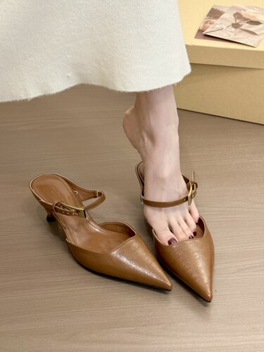 titing巴黎周末！复古棕尖头包头半拖鞋女春2025韩版通勤细跟单鞋