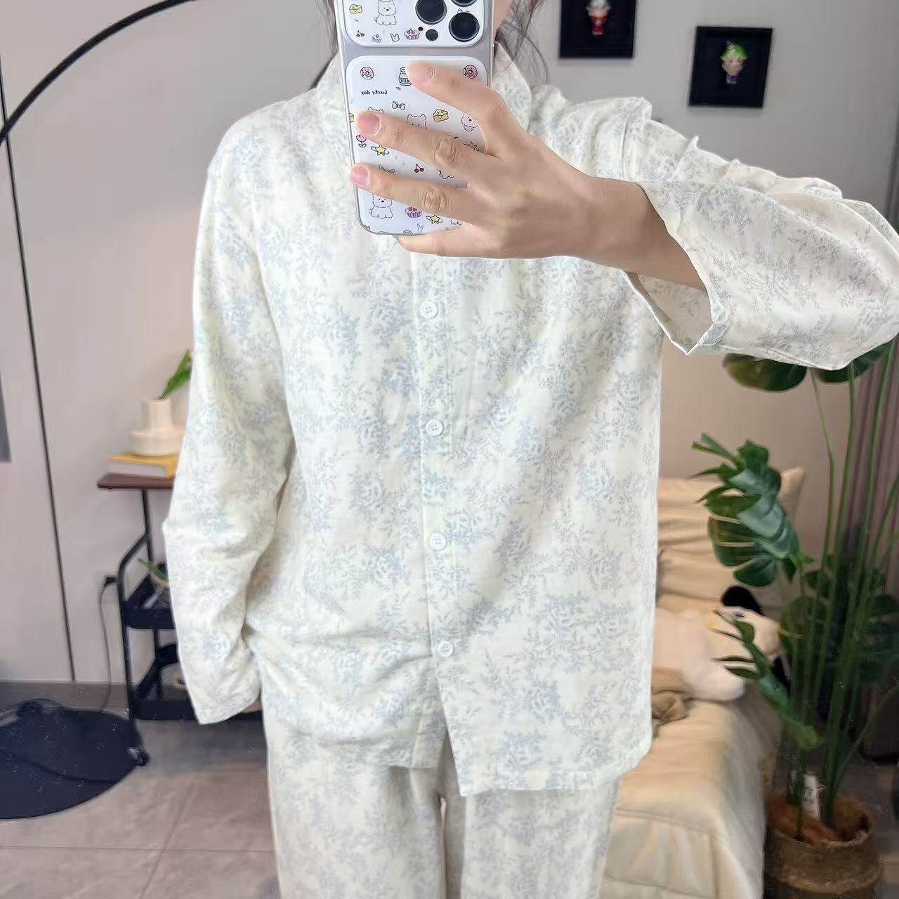ins小清新全棉双层纱睡衣可外穿A类母婴级卡通全棉长袖长裤家居服
