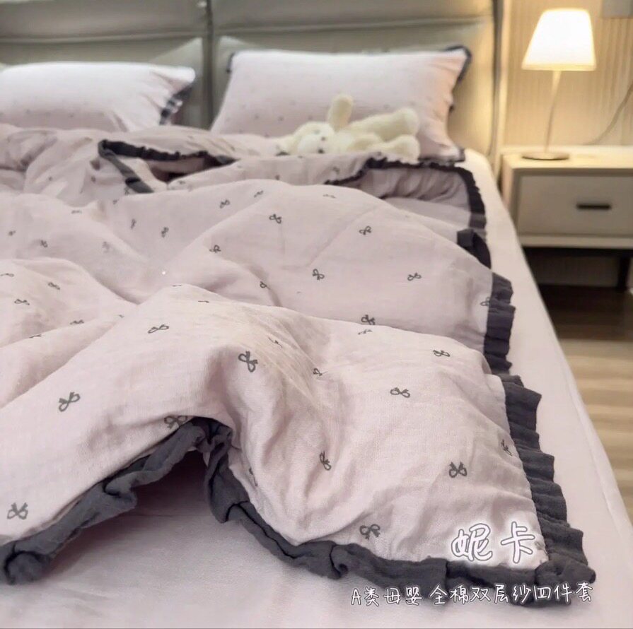 ins卡通A类全棉有氧双层纱四件套柔软透气纯棉被套床单宿舍三件套