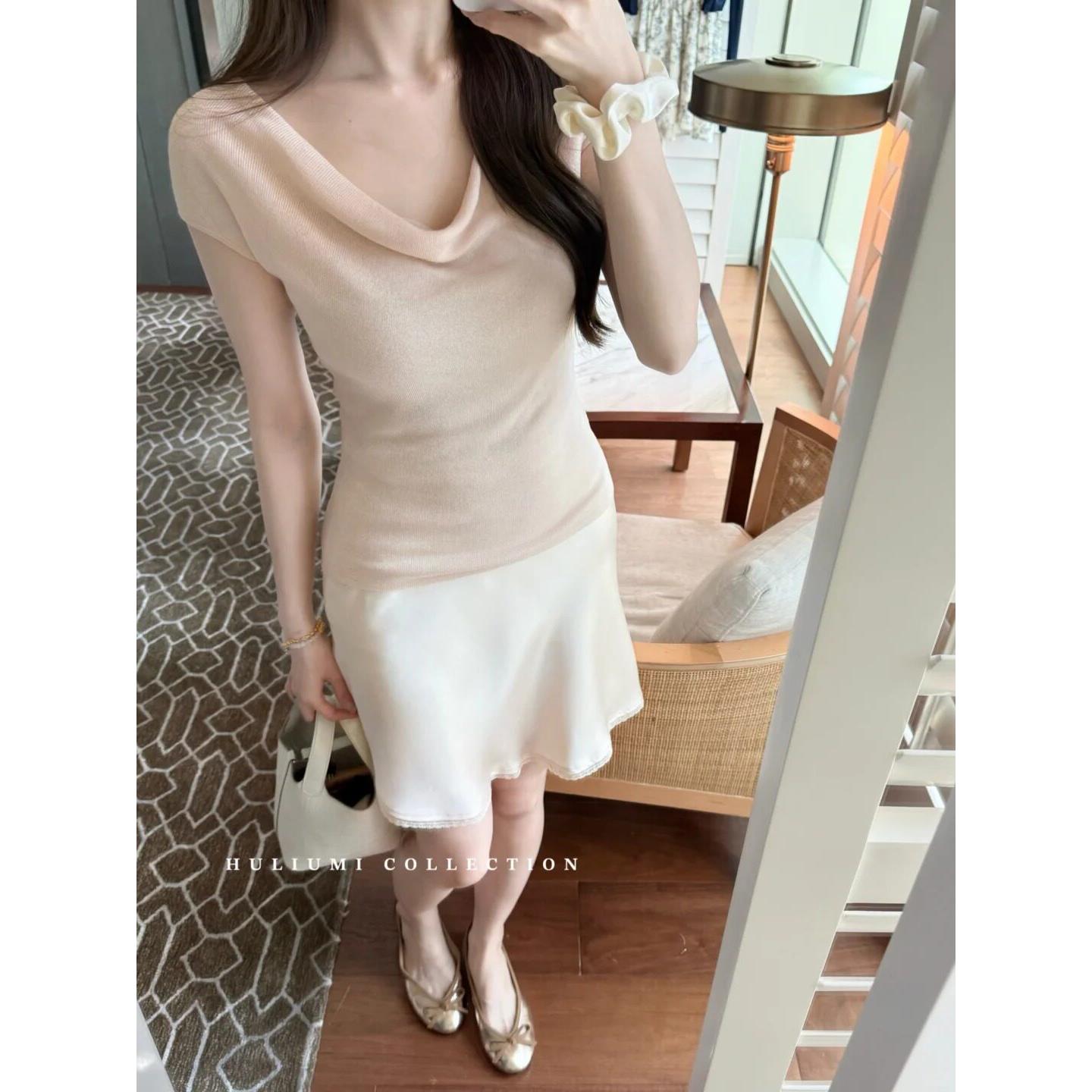 娇娇女友~淡颜系美女穿搭~夏季韩系蝙蝠袖短袖新款收腰气质针织衫图片