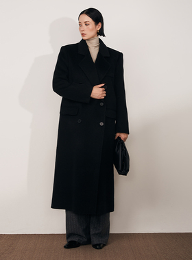 MPAM冬季新品羊毛大衣女长款韩系高级感简约黑色百搭毛呢外套