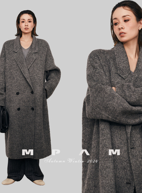 MPAM双面长毛羊毛大衣女宽松灰色外套