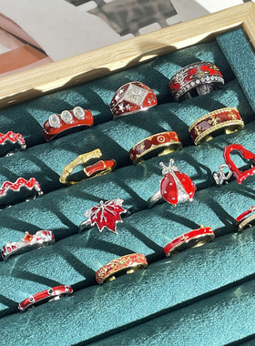 s925纯银戒指女欧美小众复古安哥拉红滴釉几何时尚食指戒甜酷气质