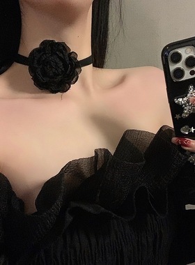 法式复古暗黑玫瑰花山茶花项链女脖子颈链黑色高贵锁骨链项圈颈带