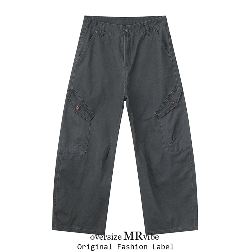 MR原创秋冬轻熟风美式简约纯棉拼接斜口袋阔腿宽松百搭弯刀牛仔裤