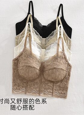 鱼骨美背固定杯文胸吊带一体带胸垫内搭打底春新款法式蕾丝内衣女