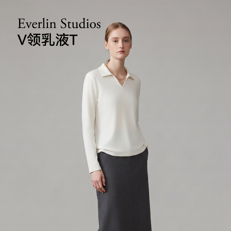 2026秋季新款V领长袖女兰精天丝莫代尔棉百搭乳液polo女翻领t恤