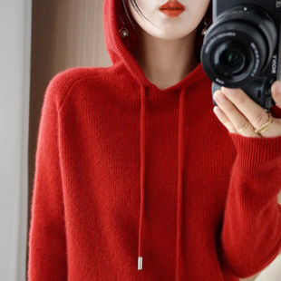 新年红色战衣 女连帽针织卫衣外套羊毛衫长袖加厚宽松型外套上衣