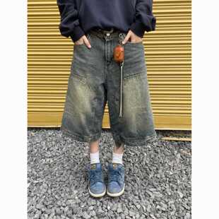 大码美式复古水洗高街牛仔短裤男女直筒阔腿做旧宽松休闲七分裤子