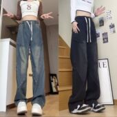 女春秋胖mm显瘦宽松拖地直筒阔腿裤 高街牛仔裤 子 复古美式 大码