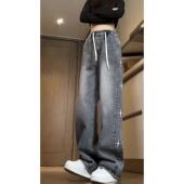 显瘦阔腿裤 美式 胖mm大码 子女设计感小众松紧腰星星牛仔裤 hiphop裤