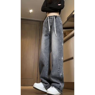 美式hiphop裤子女设计感小众松紧腰星星牛仔裤胖mm大码显瘦阔腿裤