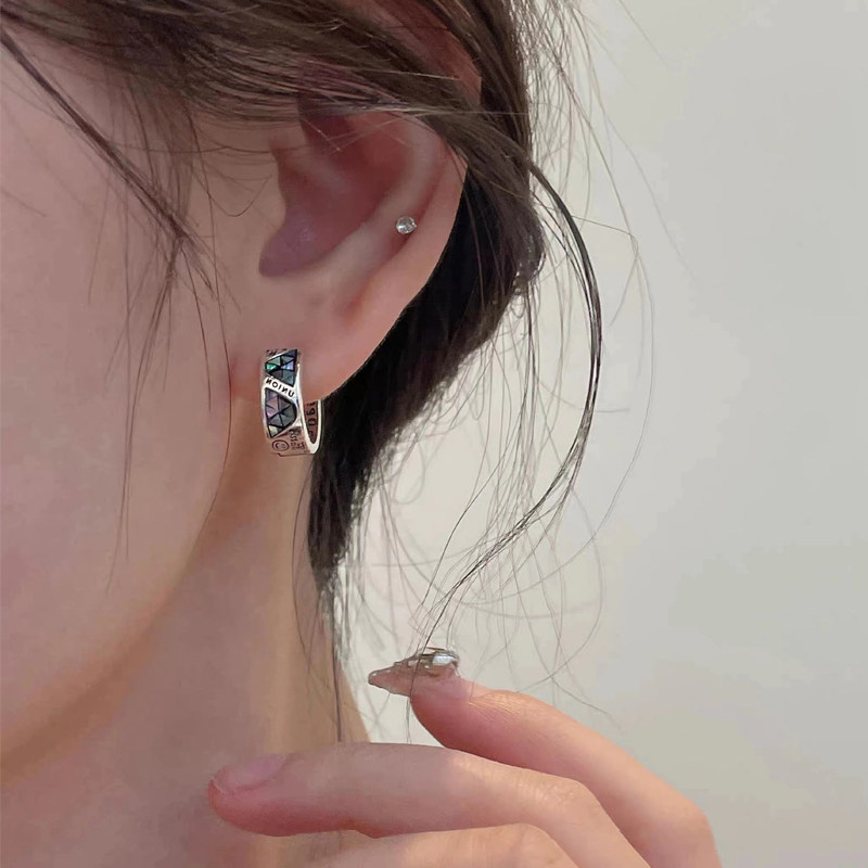韩国原单s925纯银彩贝耳环重工设计感高级小众耳饰几何涂鸦耳钉女