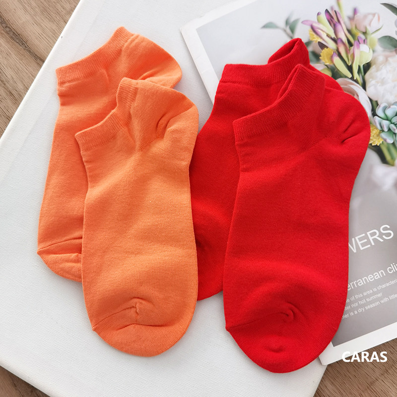 caras韩国进口袜子女橘色ins潮低帮纯棉不掉跟春夏纯色百搭短袜
