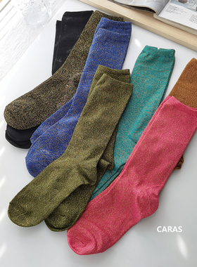 caras金丝袜子韩国亮丝内棉彩色长款春秋纯色百搭洋气中筒堆堆袜