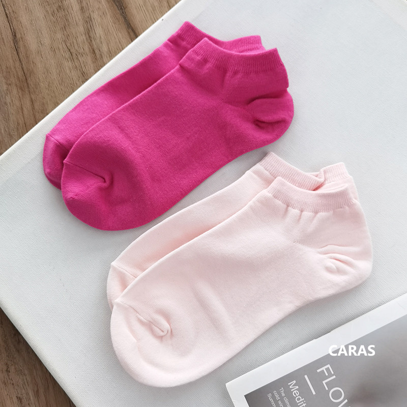 caras韩国进口玫红色袜子女ins潮低帮纯棉高弹春夏季粉色洋气短袜