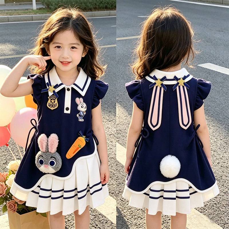 女童夏季学院风连衣裙2026新款宝宝兔子警官polo裙儿童夏装百褶裙