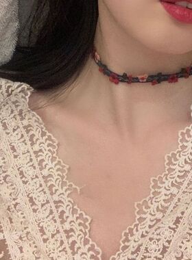 刺绣花朵项圈女锁骨链红色饰品颈带项链复古秋冬民族风choker简约