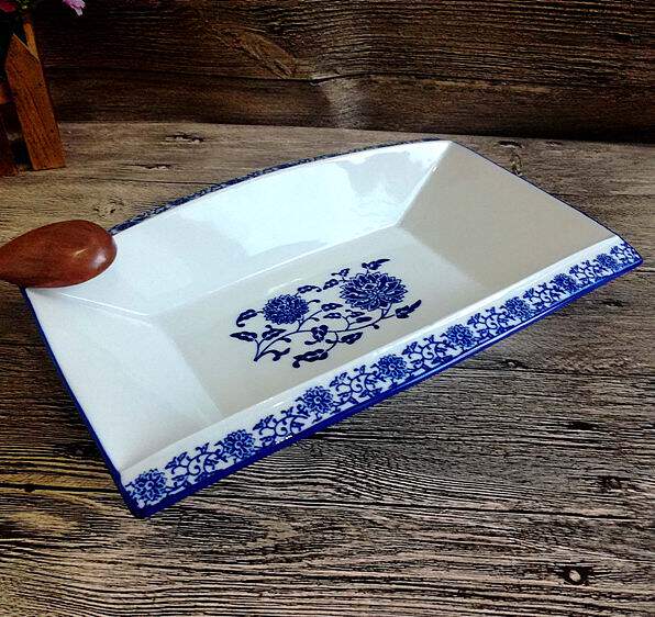 青花韵佳业陶瓷长方船型碗创意特色餐碗菜碗鱼碗点心碗餐馆酒店用