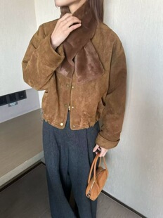 TR时尚带围脖美拉德麂皮绒内里夹棉加厚保暖小个子棉服外套女夹克