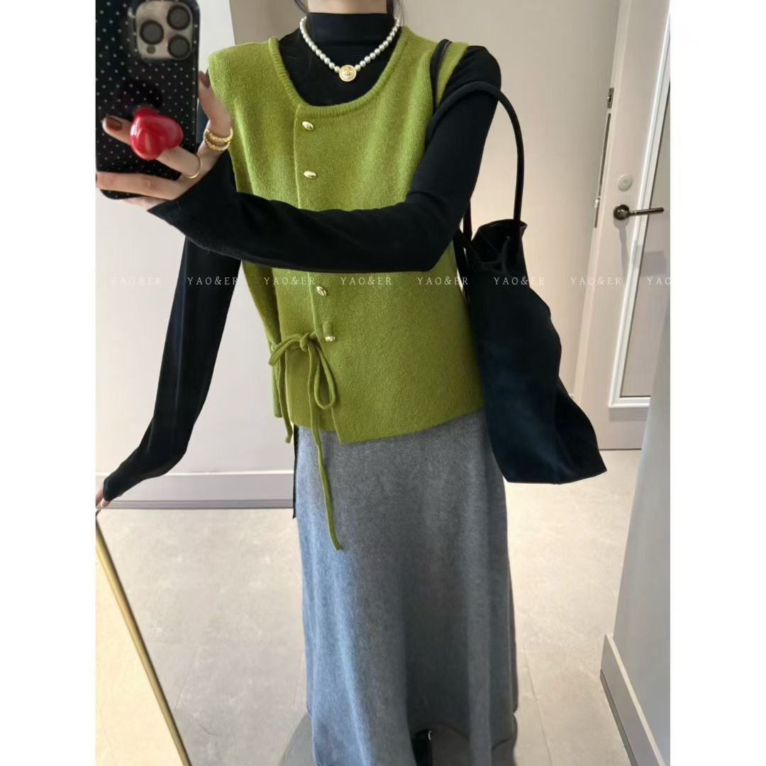 韩版半高领打底衫系带针织马甲两件套2025秋季新款女时尚减龄套装