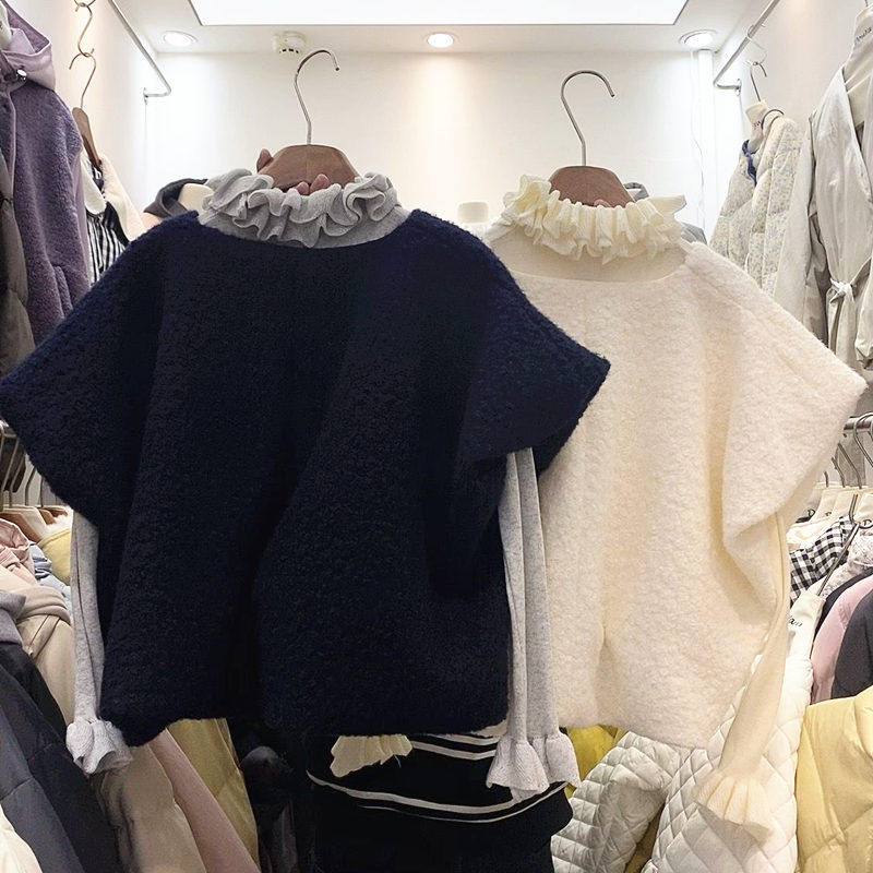 THIRTEEN LINES AUTUMN AND WINTER NEW LAMB WOOL T-SHIRT UNIQUE BEAUTIFUL LITTLE MAN SUIT WOMENS FUNGUS TRIM TOP TWO-PIECE SET