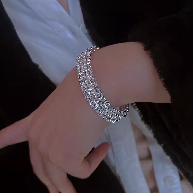 S925银简约个性四层镭射蹦迪手镯女小众冷淡风可调节软银弹力手链